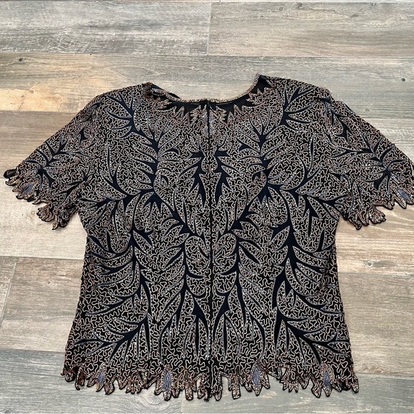 Laurence Kazar Beaded Sequin Black Brown Iridescent Silk Blouse Large Vintage - Picture 8 of 8